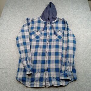 UNIONBAY Shirt Mens XLT Blue Plaid Flannel Hooded Button Front Long Sleeve